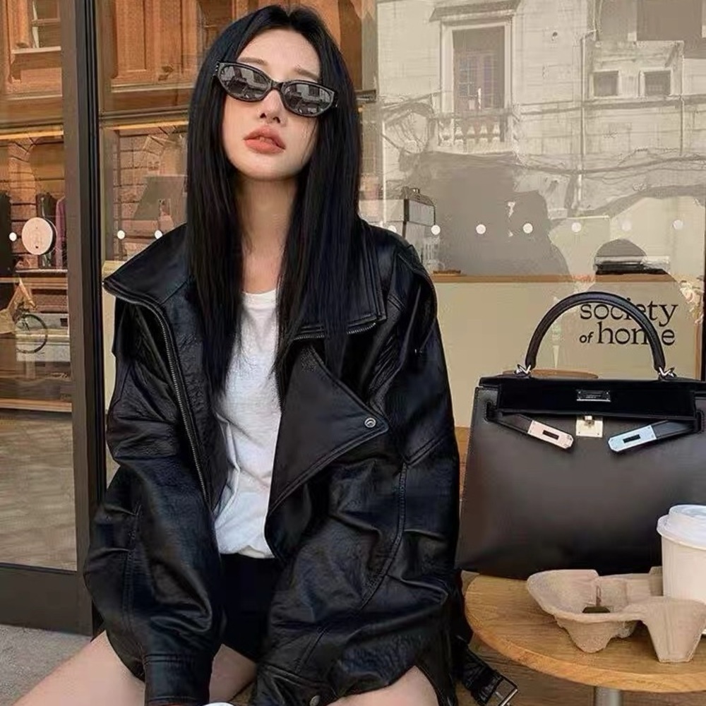 Women's Black Oversized Leather Jacket